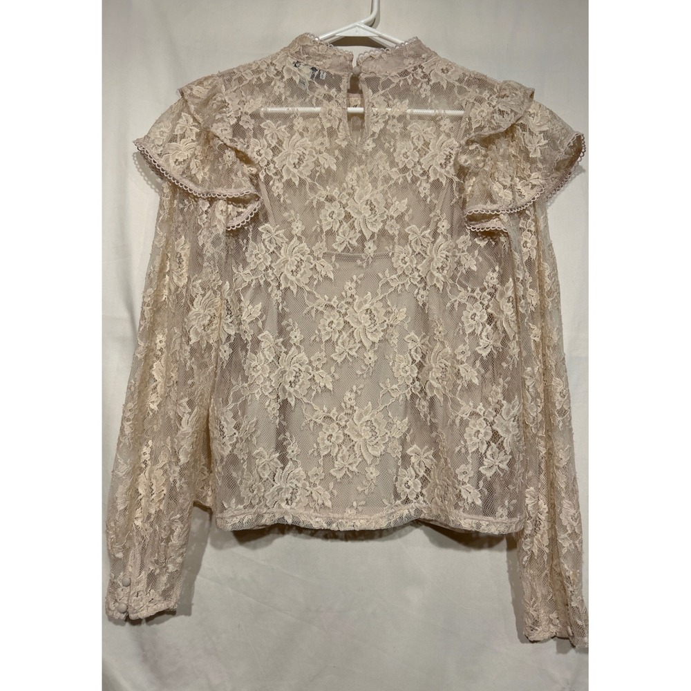 Victorian Beige Floral Lace Ruffle Mock Neck Long Sleeve Blouse Medium Tank - Picture 6 of 8